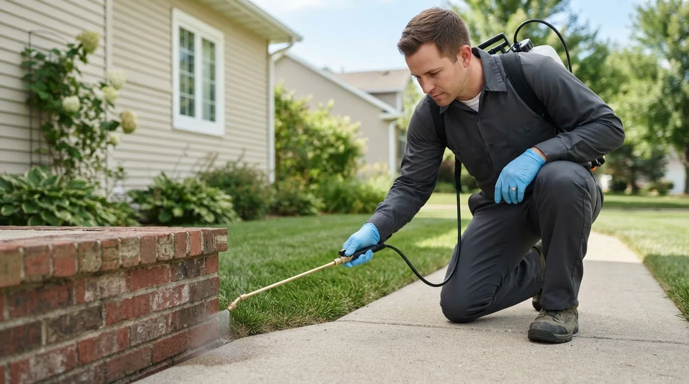 Pest control technician treating a home near South Whitley, IN